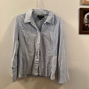 Women’s Long Sleeved Button Down Shirt, Gray, White, Vertical Stripes